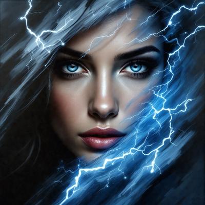 The primary subject of the image is a woman with blue eyes and blonde hair. She is looking directly at the camera, and her eyes are wide open. The setting is a dark background, which contrasts with the woman's face and adds a dramatic effect to the image. The visual style is a digital art or illustration, as the woman's eyes are depicted with a blue glow, giving the image a unique and artistic appearance. The colors and mood of the image are predominantly dark and dramatic, with the woman's blue eyes standing out as the focal point.